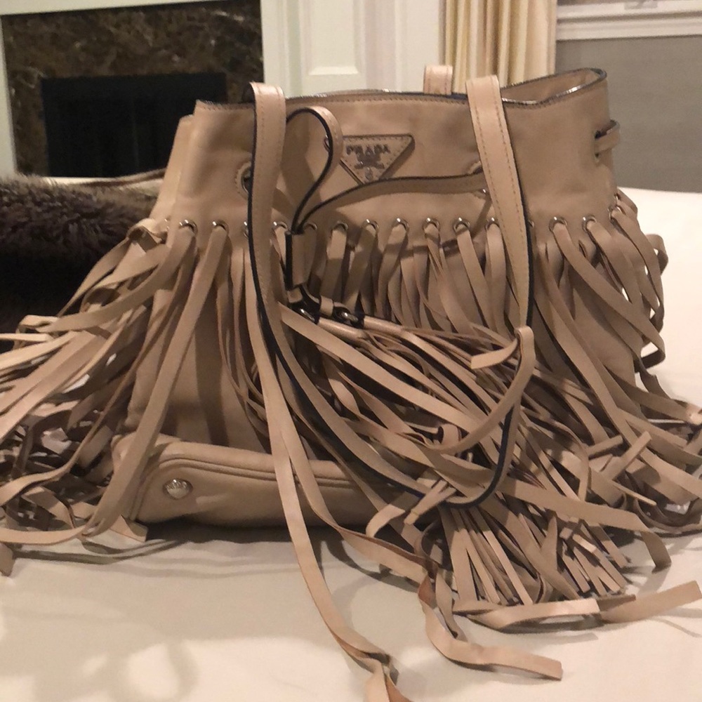 Prada calfskin leather bucket bag.